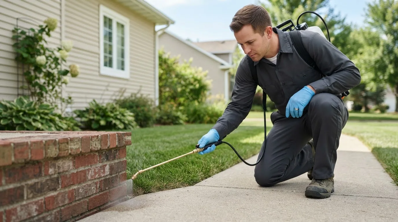 Pest control technician treating a home near South Elgin, IL